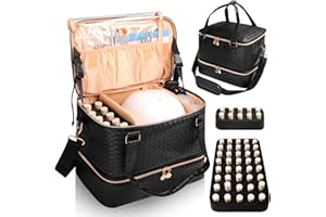 SIYNPAV Nail Polish Organizer Bag Holds 50 Bottles (15ml/0.5 fl.oz)& Nail Lamp, Vegan Leather Nail Kit Storage Case with Holder Staps, Portable Nail Supplies Organizer for Manicure Tools (Black)