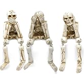 3 Halloween Skeleton Figurines with Dangling Legs See Hear Speak No Evil | Resin see, hear and speak no evil skeleton shelf sitters with dangling legs for Halloween tabletop, mantel and bookcase decor