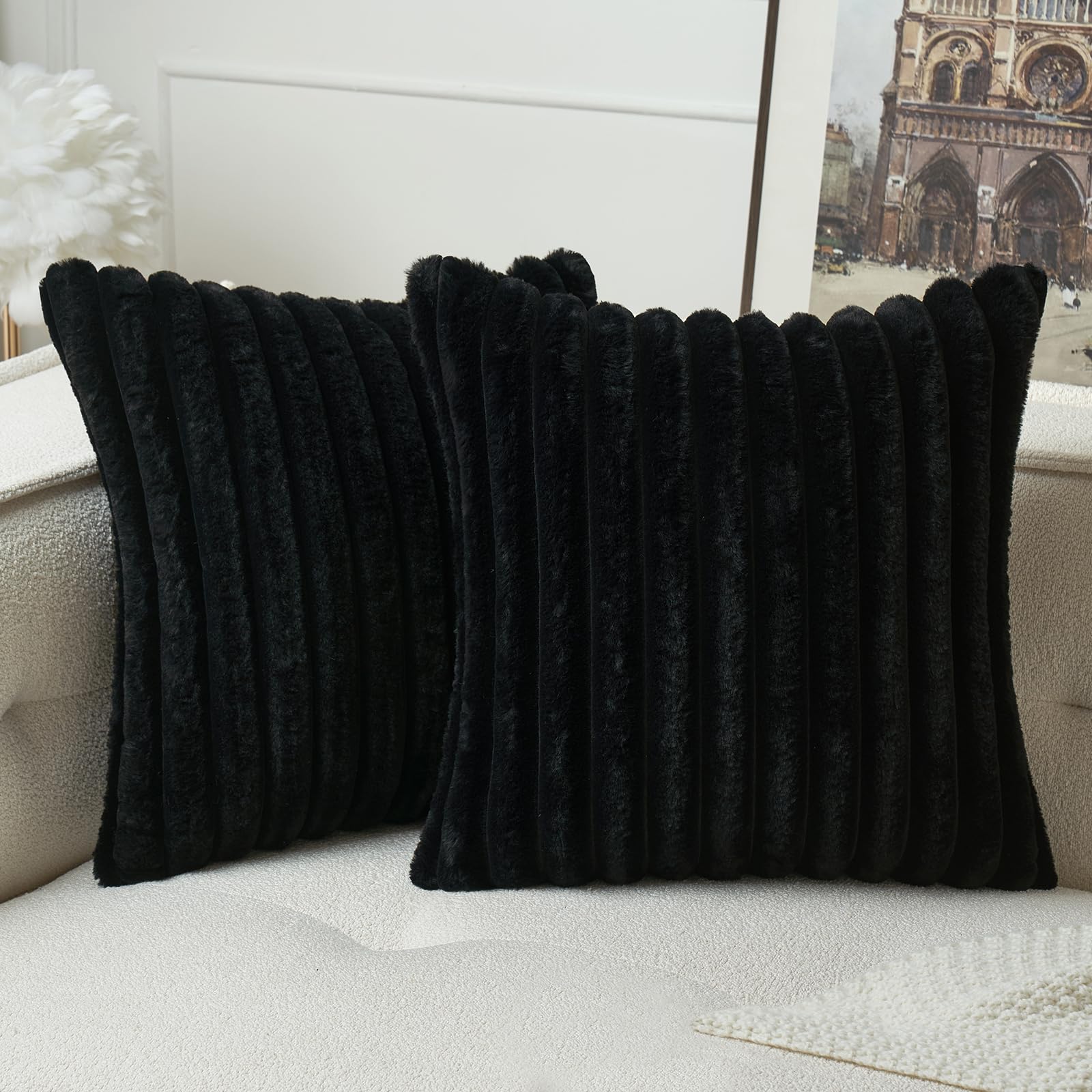 MIULEE Set of 2 Plush Velvet Cushion Covers Soft Modern Faux Fur Pillow Case Comfortable Smooth Washable Home Decorative Pillow Covers for Living Room Bedroom Sofa 50 x 50cm 20 x 20 Inch Black โ image 1