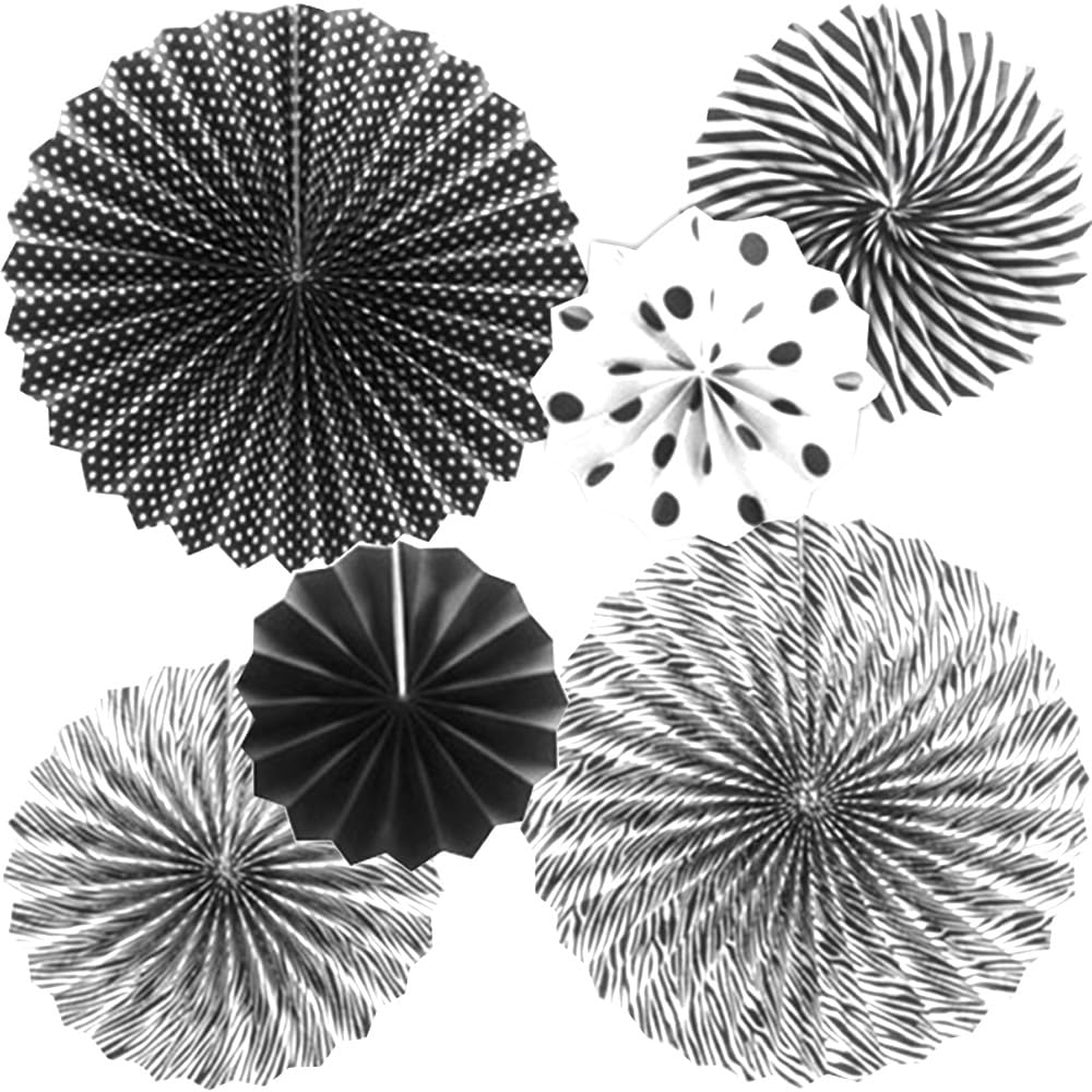 Ruidee 6Pcs Hanging Paper Fan Decorations, Colorful Fans for Parties, Carnivals, and Birthdays (Black White)