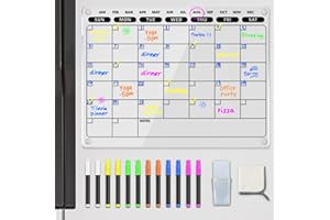 PIGPOTPARTY Acrylic Magnetic Dry Erase Board Calendar for Fridge, Clear Monthly Planner Whiteboard for Refrigerator w/ 12 Vibrant Markers & Towel, 16" x 12"