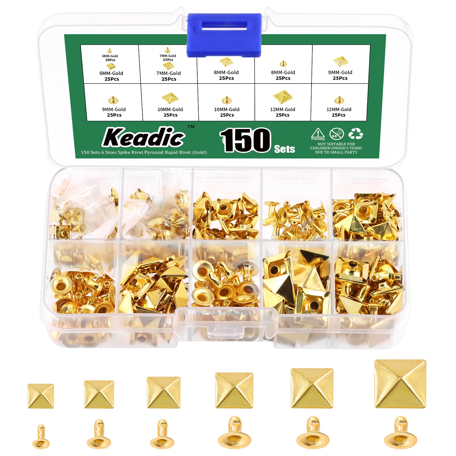 Keadic 300Pcs Gold Punk Spike Studs Assortment Set with Plastic Case, 6mm/7mm/8mm/9mm/10mm/12mm Square Pyramid Rivet Nailheads Leathercraft Decorations for DIY Leather Clothing Shoes Bags