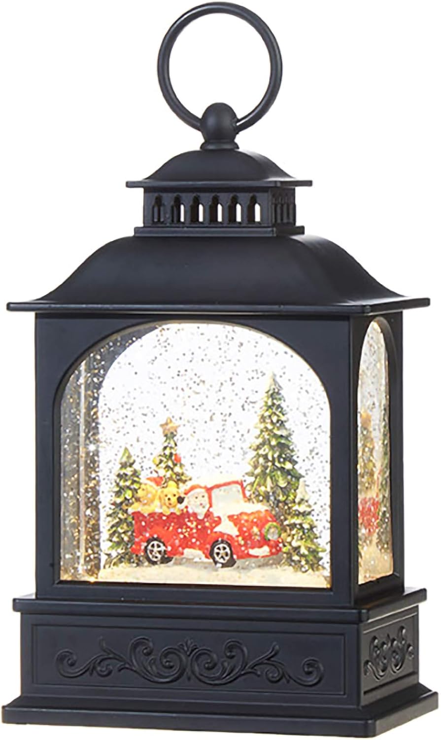 Snow Globes - RAZ Imports Dogs in Red Truck Scene Lighted Water Lantern Christmas Snow Globe with Swirling Glitter