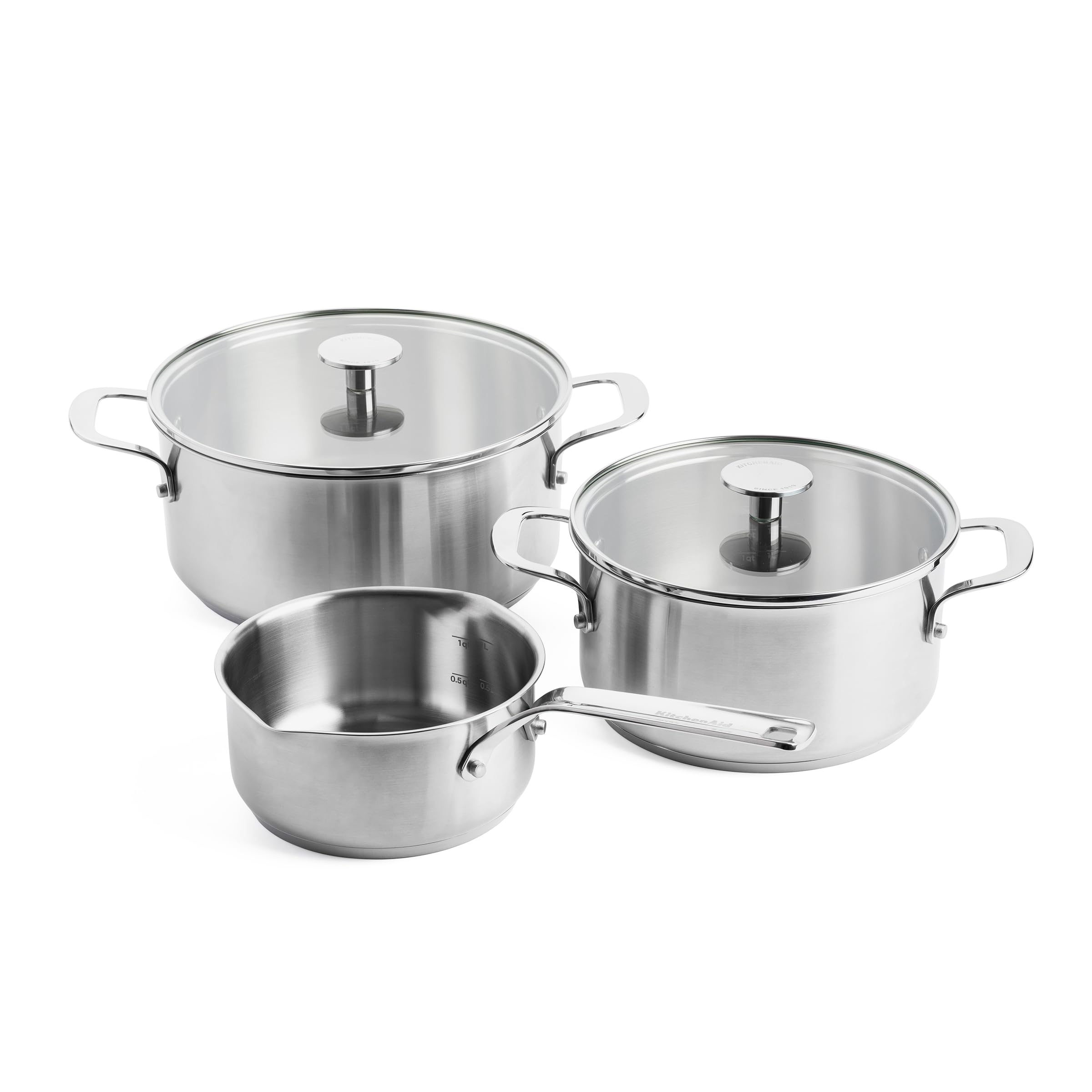 KitchenAid Stainless Steel 3-Layer Non-Stick 5 Piece Cookware Pots and Pans Set, Includes Saucepan and Casseroles, Tempered Glass Lids, Multi Clad, Induction, Oven Safe up to 220°C, Silver — image 1