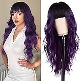 Wallden Hair Purple Wigs with Bangs Long Curly Wavy Women's Wig Ombre Heat Resistant Synthetic Bangs Wig for Daily Party Use(Ombre Purple, 26 Inches)