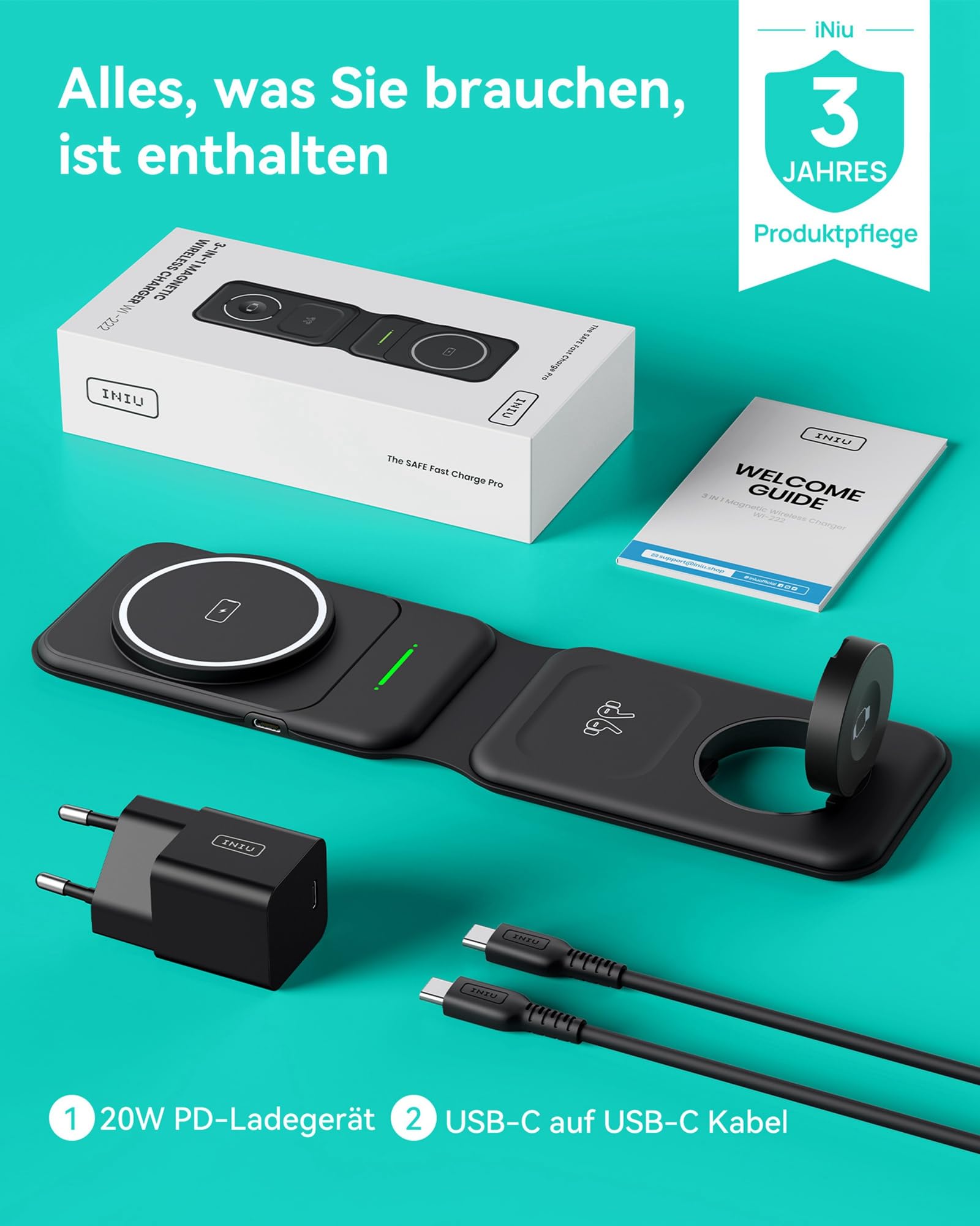 INIU 15W MagSafe Ladestation 3 in 1, Faltbares Wireless Charger Qi2-Zertifikat Reise ladegerät für iPhone 16/15/14/13/12, Apple Watch 9/8/7/6/SE, AirPods 4/3/Pro 2(mit 20W Adapter und USB-C-Kabel) 7