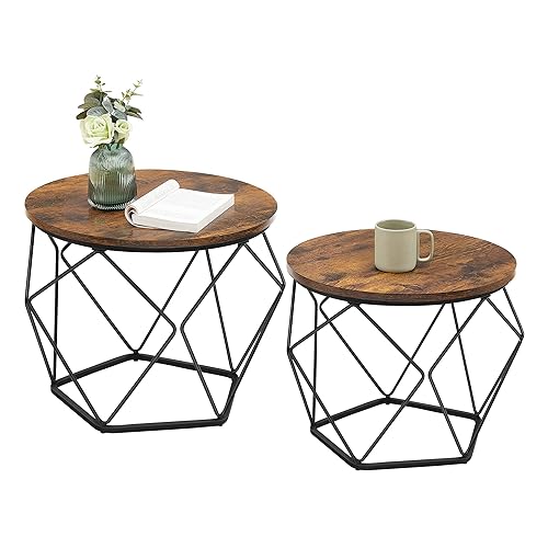 VASAGLE Coffee Tables, Set of 2 Side Tables, Robust Steel Frame, for Living Room, Bedroom, Rustic Brown and Black LET040B01