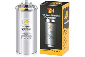 HVAC YELLOW HAT Capacitor for Air Conditioner 70+7.5 uf MFD 370 or 440 Volt VAC, Multi-Purpose Round Capacitor for AC Motor Run or Fan Motor Start or Condenser Straight