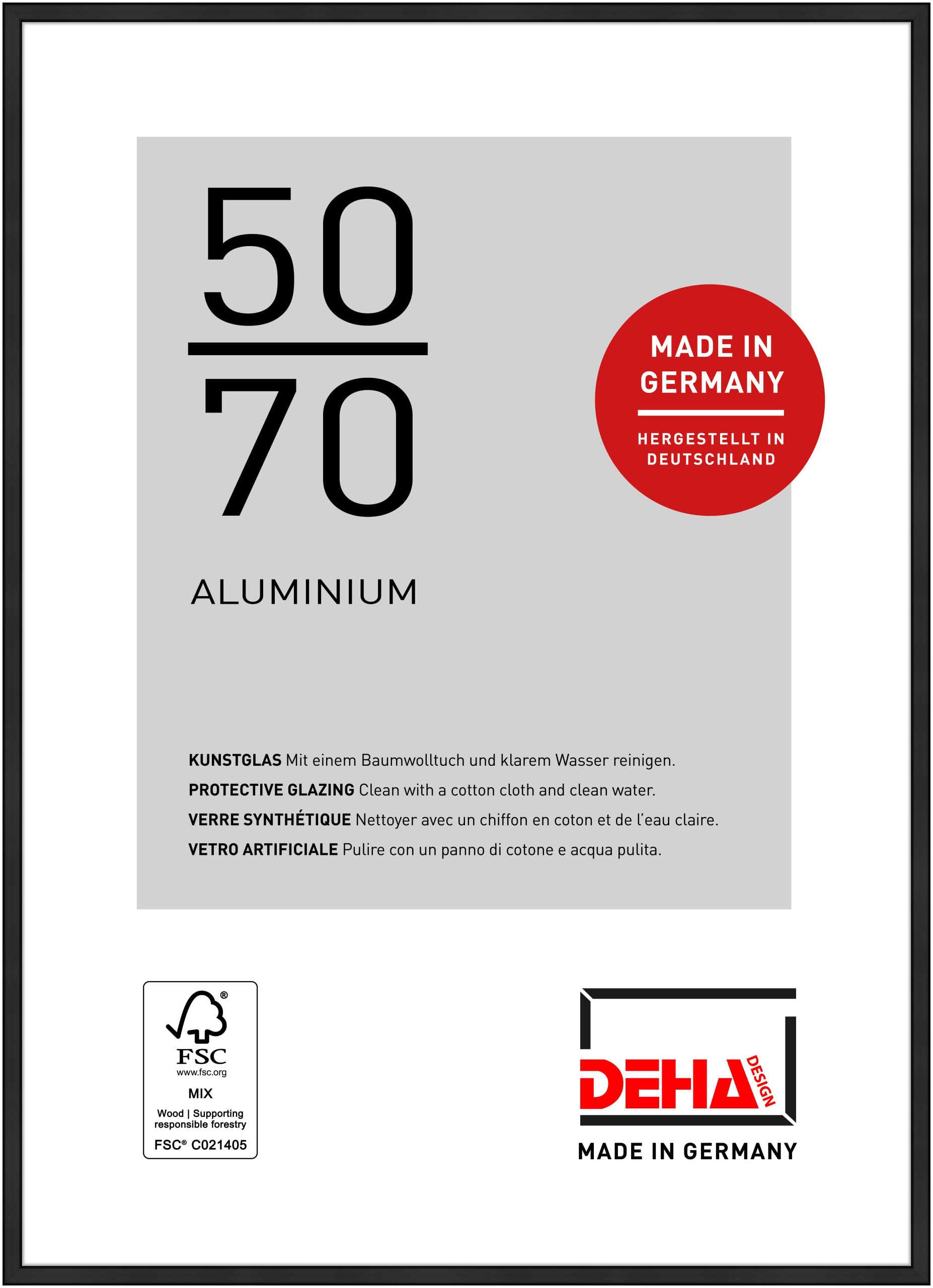 DEHA Design Boston Aluminium Picture Frame - 50x70 cm – Matt Black - with Synthetic Glass and Push/Turn Clips