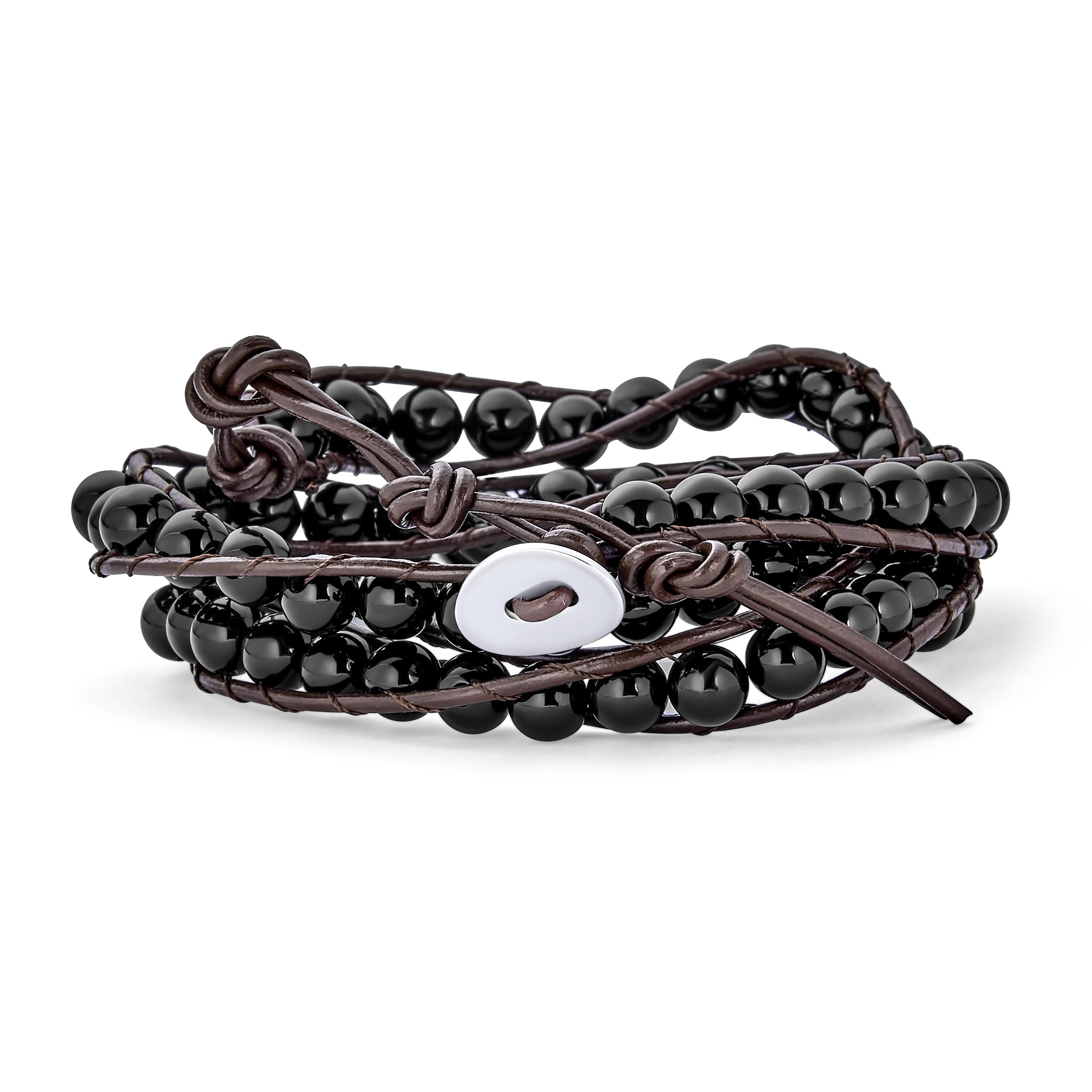 Bling Jewelry Boho Handmade Natural Genuine Black Onyx Ball Beaded Black Brown Leather Multi Strand Triple Wrap Bracelet For Women Men Adjustable โ image 1