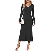 Arach&Cloz 2025 Spring Womens V Neck Long Sleeve Fishtail Sweater Dress Ribbed Knit Slim Fit Bodycon Midi Dress