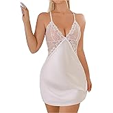 Rigeri Women's Lingerie Sexy Nightgown Silk Sleepwear Lace Babydoll Chemise Criss Cross Back Nighty with Thong S-XXL