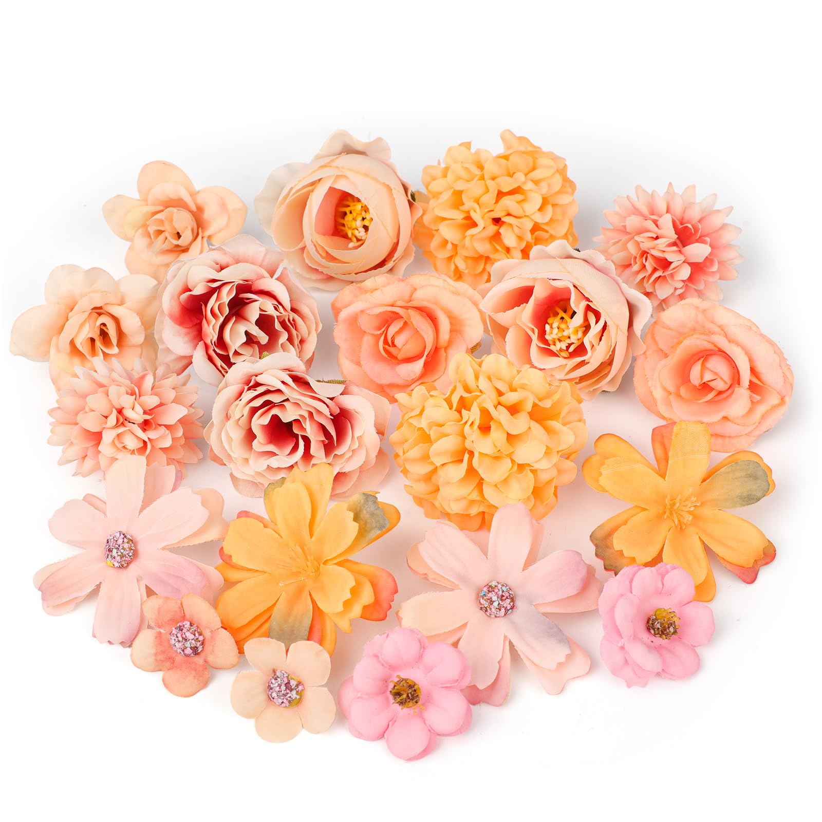 MWOOT 20 Pcs Artificial Flower Heads, Small Faux Flowers for Crafts, Fake Rose Peony Cherry Flowers Heads for DIY Wreath Cake Wedding Bouquet Party Home Garden Decoration (Orange)