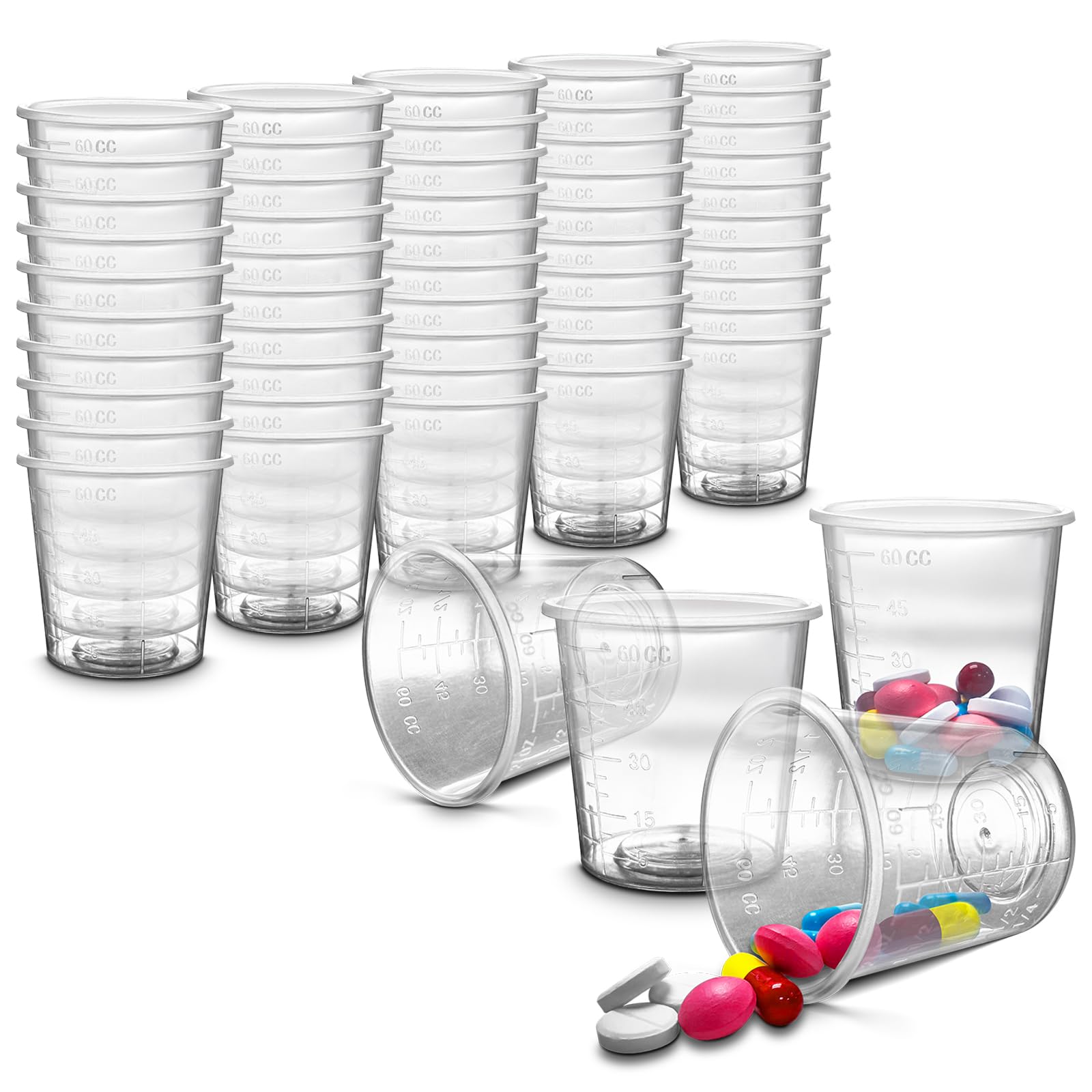 50 Pack - RE-GEN 60ml Graduated Clear Reusable Measuring Cups Pots Container Beaker Tubs - Ideal for Medicine, Kitchen Cooking, Catering, Medical Lab, Home