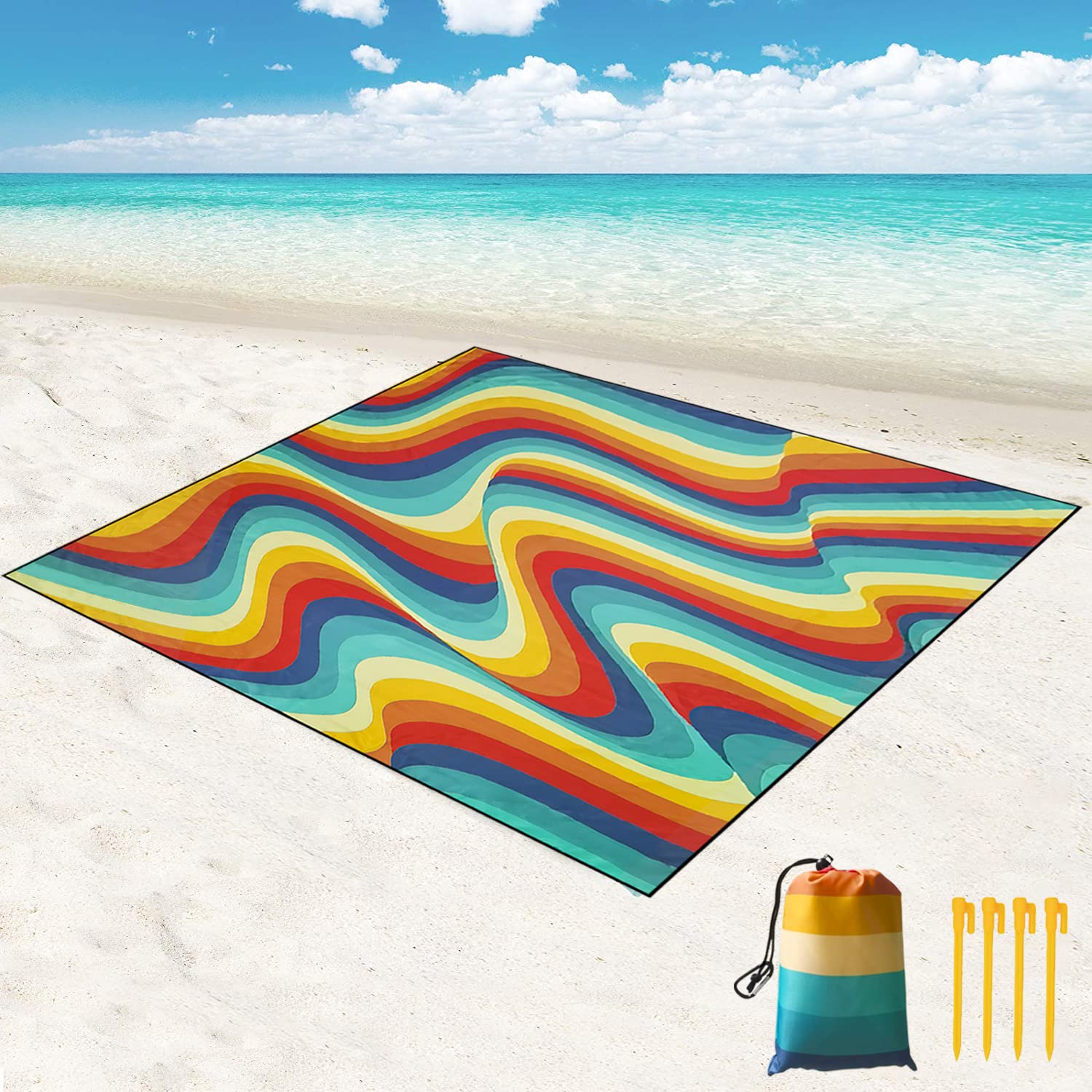 HUSTUNG Beach Mat Picnic Blanket Extra Large 280x200cm Sandproof Waterproof for, Travel, Camping and Hiking -Portable Quick Drying Water Resistant - Multicolor