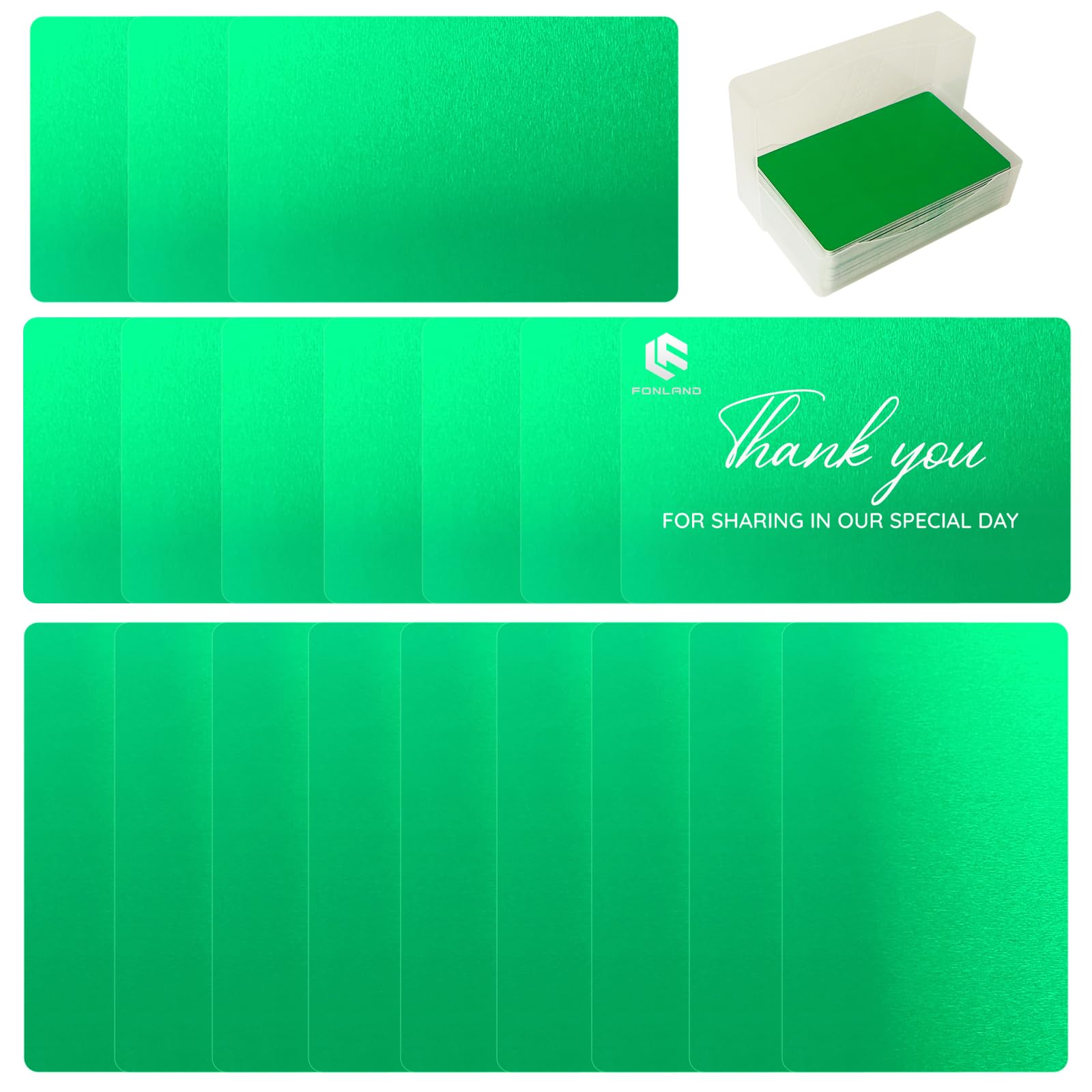 FONLAND Metal Cards Blank, 100Pcs Metal Cards Engraved, Metal Business Cards Engraving Aluminium Alloy Thickness for Customer DIY Gift Lable Tag Cards 10 Colors (Optional)(Green)