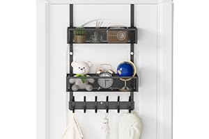 Aimeaihe Over The Door Hooks Organizer, Over The Door Towel Rack with 12 Coat Hooks and 2 Mesh Basket, Bathroom Door Organizer Back of Door Hanger Organizer for Bedroom, Kitchen(Black)