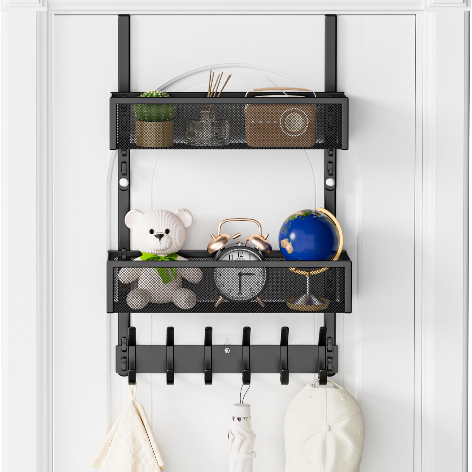 Photo 1 of Aimeaihe Over The Door Hooks Organizer, Over The Door Towel Rack with 12 Coat Hooks and 2 Mesh Basket, Bathroom Door Organizer Back of Door Hanger Organizer for Bedroom, Kitchen(Black)