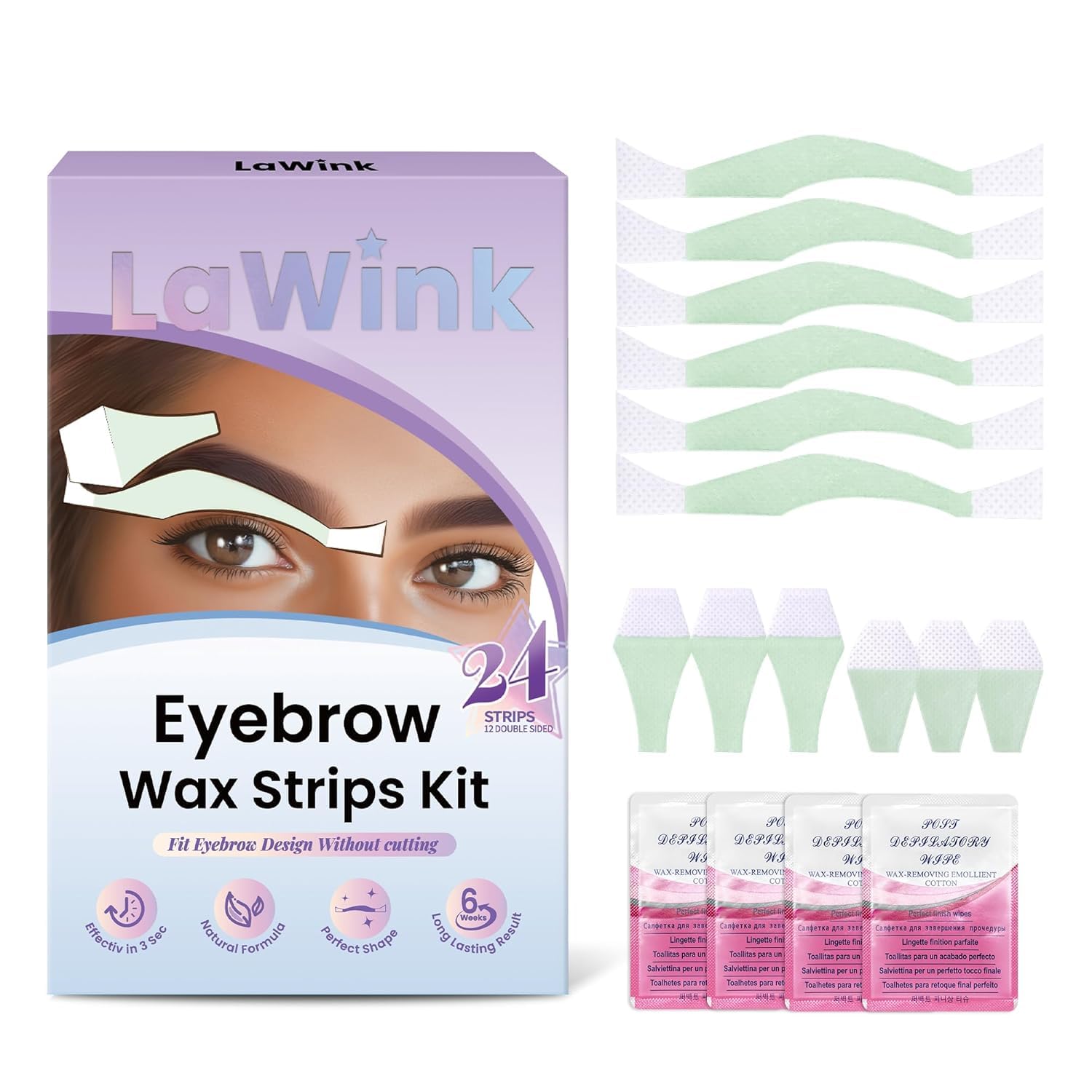 LaWink Eyebrow Wax Strips Kit Facial Hair Removal For Women, Ready to Use Face Wax Strips 24 pcs 4 Calming Oil Wipes Mouth waxing wax Depilatory tape for face eyebrows Facial (Eyebrow)