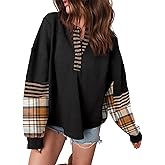 Acelitt Women Casual Color Block Long Sleeve V Neck Waffle Knit Shirts Tops,S-XXL