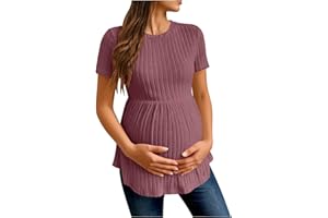 Womens Maternity Tops Short Sleeve Pregnancy Tunic Blouses Crew Neck Ribbed Shirts Pregnant Clothes Pleated Waist
