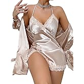 FEOYA Women’s Silk Pajama Robe Set Satin Smooth Nightgown Lace Cami Nightdress with Belt Sexy Sleepwear