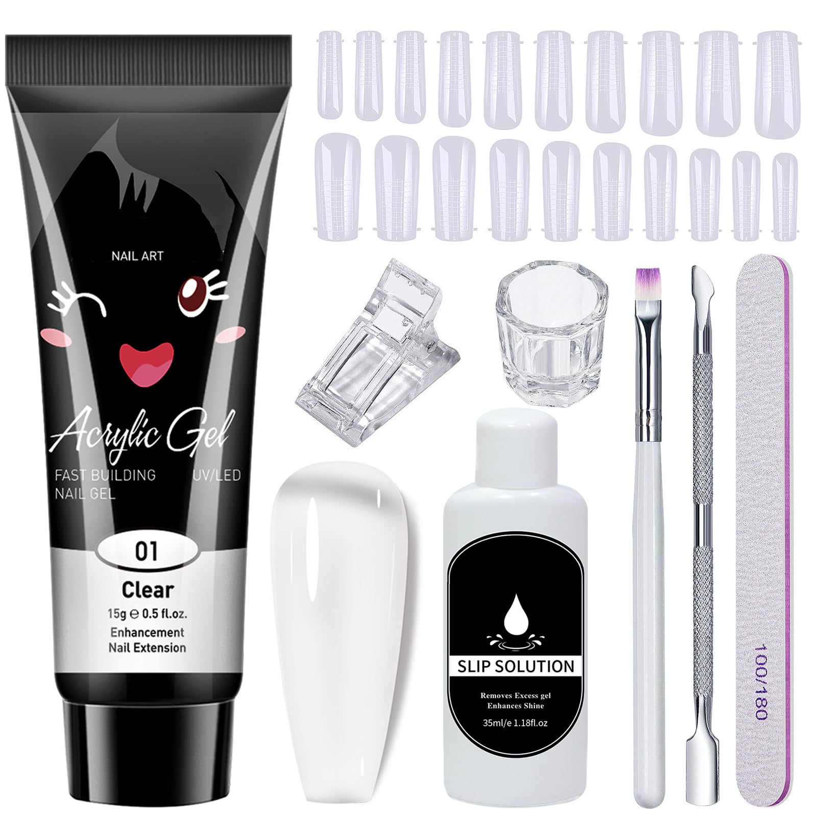 Poly Builder Gel Nail Extension Kit - Clear Transparent 15ml All in One Manicure Set With Slip Solution for DIY Application