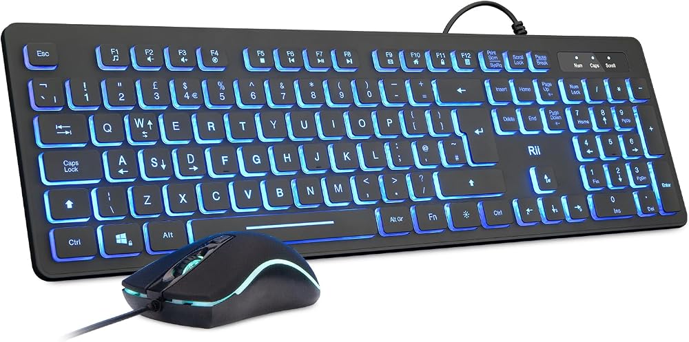 Rii RK105 Wired Keyboard and Mouse Backlit USB UK Layout 105 Keys