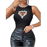 WDIRARA Women's Heart Rhinestone Cut Out Tank Top Casual Slim Fit Rib Knit Tops