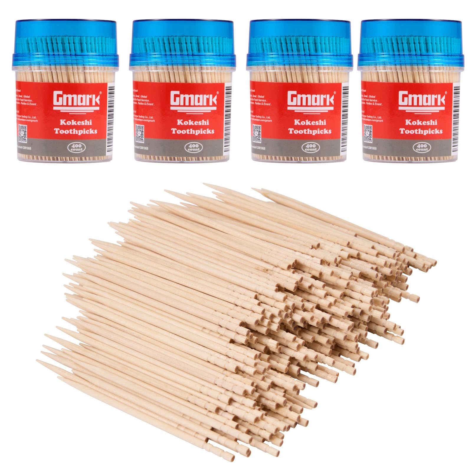 Gmark Ornate Wooden Toothpicks with Strong Holder 800 pc (2 Packs of 400), 6.6cm Kokeshi Toothpicks/Japanese Skewers, Bamboo Wooden Toothpicks for Party, Appetizer, Olive, Fruit GM1068