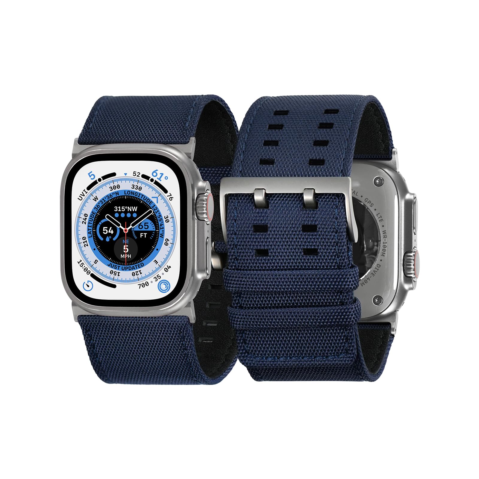 Tefeca Dual Series Replacement Watch straps Compatible with Apple Watch/Apple Watch Ultra (Blue Sailcloth with Silver Adapters, 49/45/44/42mm