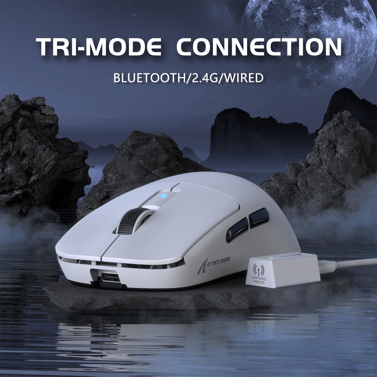 ATTACK SHARK R6 Gaming Mouse Wireless 2.4Ghz/Bluetooth/Type-C, PAW3950Max, 8K Polling Rate, 50 to 42,000 DPl Adjustable, Nordic 52480, 39g Super-lightweight Optical Mouse, for PC/Mac/Linux/Xbox-White