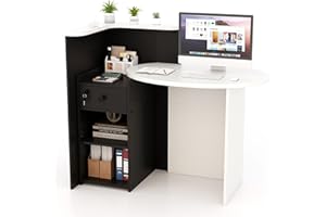 SILKYDRY Reception Desk, Small Retail Checkout Counter with Lockable Drawer and Open Shelves, Wooden Front Desk Reception Counter, Oval Desktop & L Counter for Store Office Lobby Salon (White & Black)