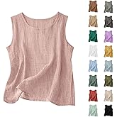 goeujewakp Linen Tank Tops for Women Summer Crewneck Cotton Linen Sleeveless Casual Blouses Loose Fit Comfy Gauze Shirts