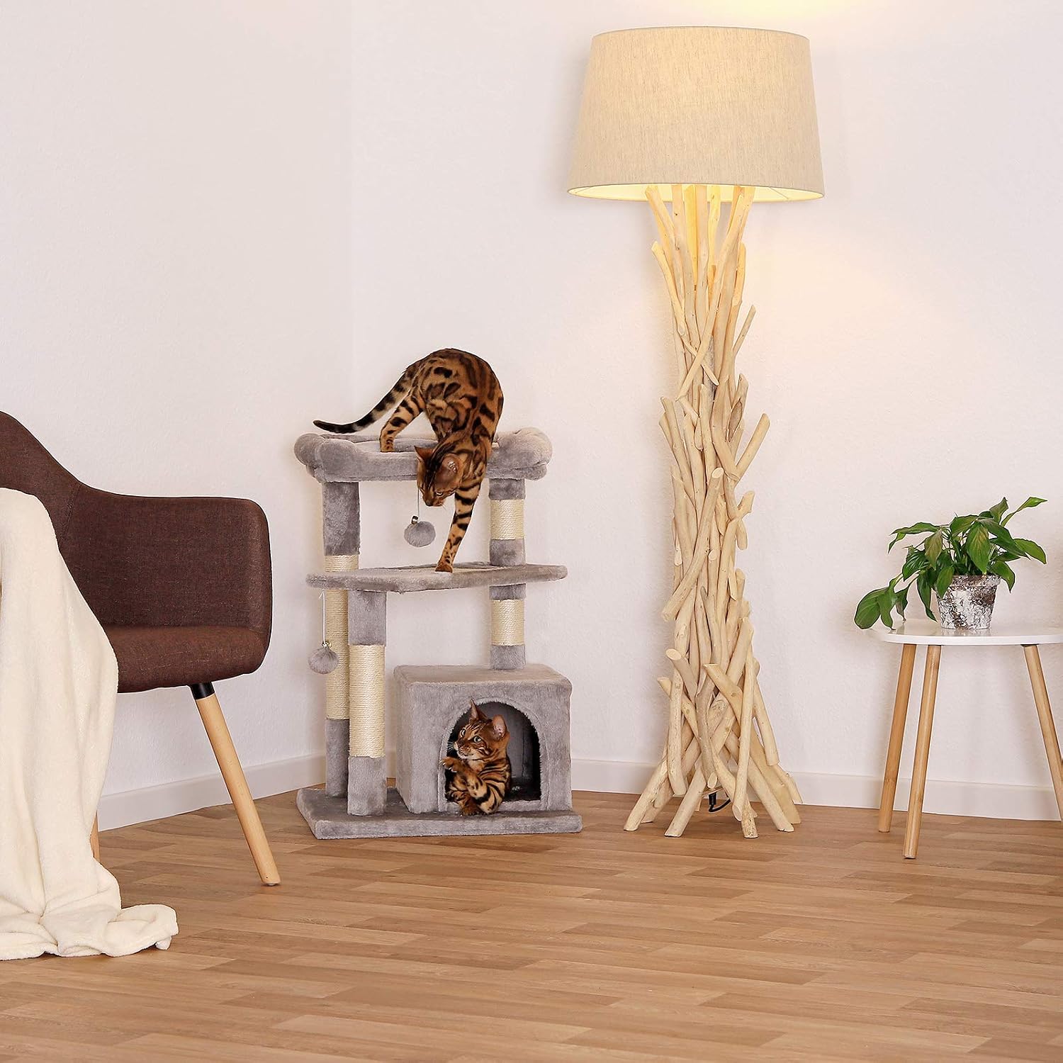 lionto Scratching tree for cats with cozy lying area & cave, height 75 cm, cat tree with sisal rope & soft plush - Image 3