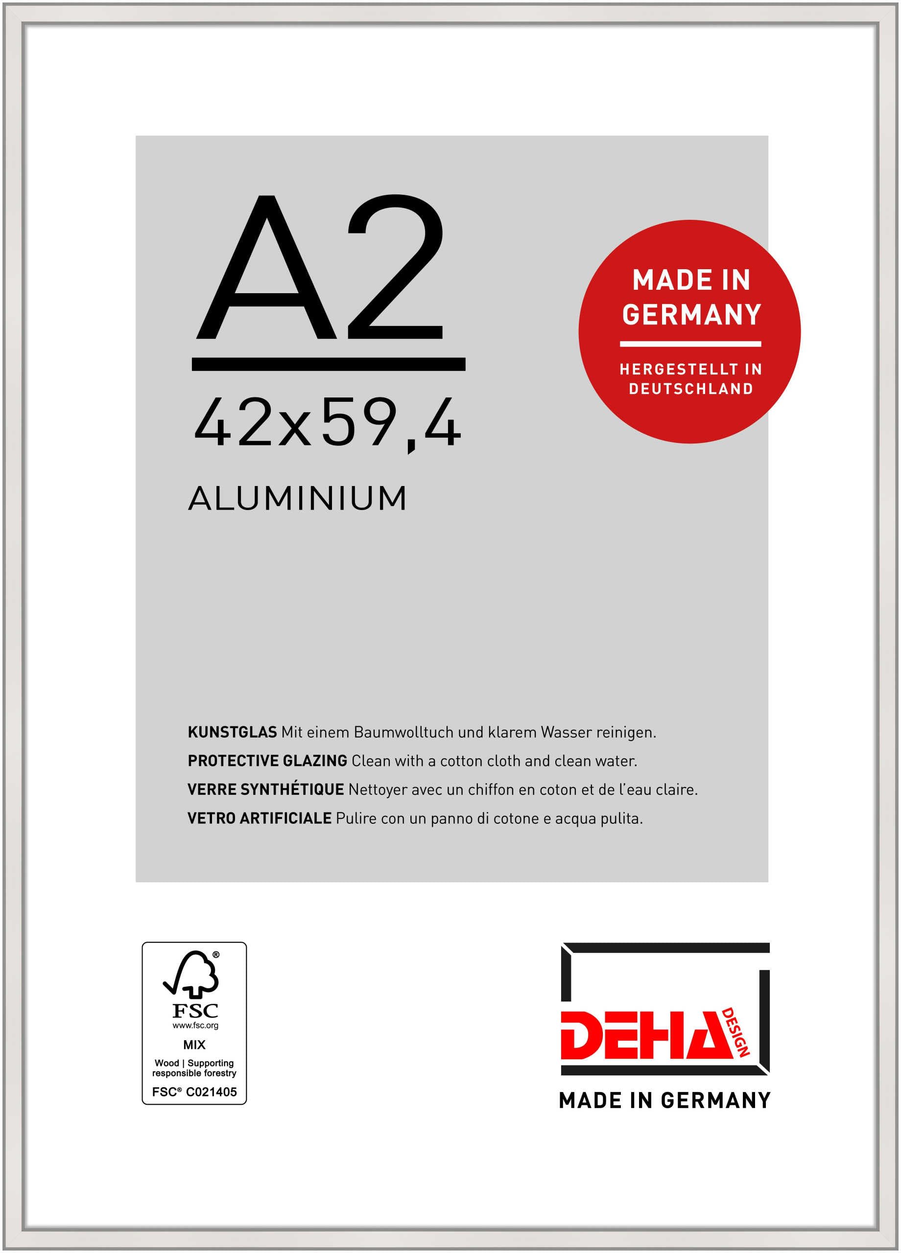 DEHA Design Boston Aluminium Picture Frame - A2 (42x59.4 cm) – Silver - with Synthetic Glass and Push/Turn Clips