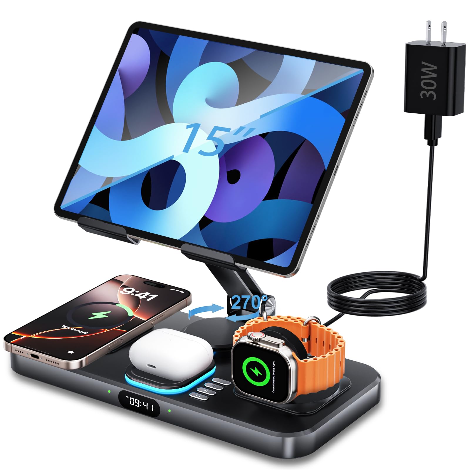 Photo 1 of 30W Foldable Charging Station for Multiple Devices A pple, iPad Charging Station with Clock Display & Night Light for iPhone 16 Pro Max/15/14/iWatch/Air-pods/iPad/Tablet Stand Holder
