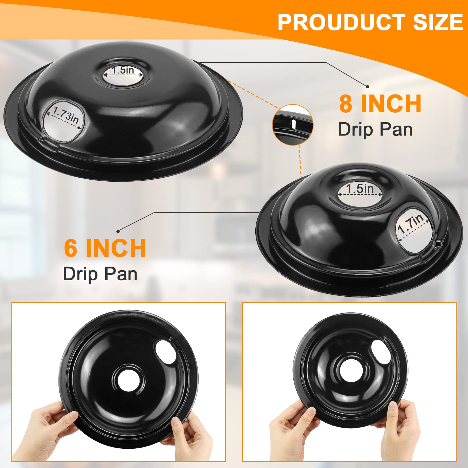 Black Porcelain Drip Pans Set 4-Pack 318067041 & 318067051 Compatible with Frigi-daire Ken-more Range Oven Replaces Electric Range Stove Burner 5304430149,5304430150 by Fetechmate