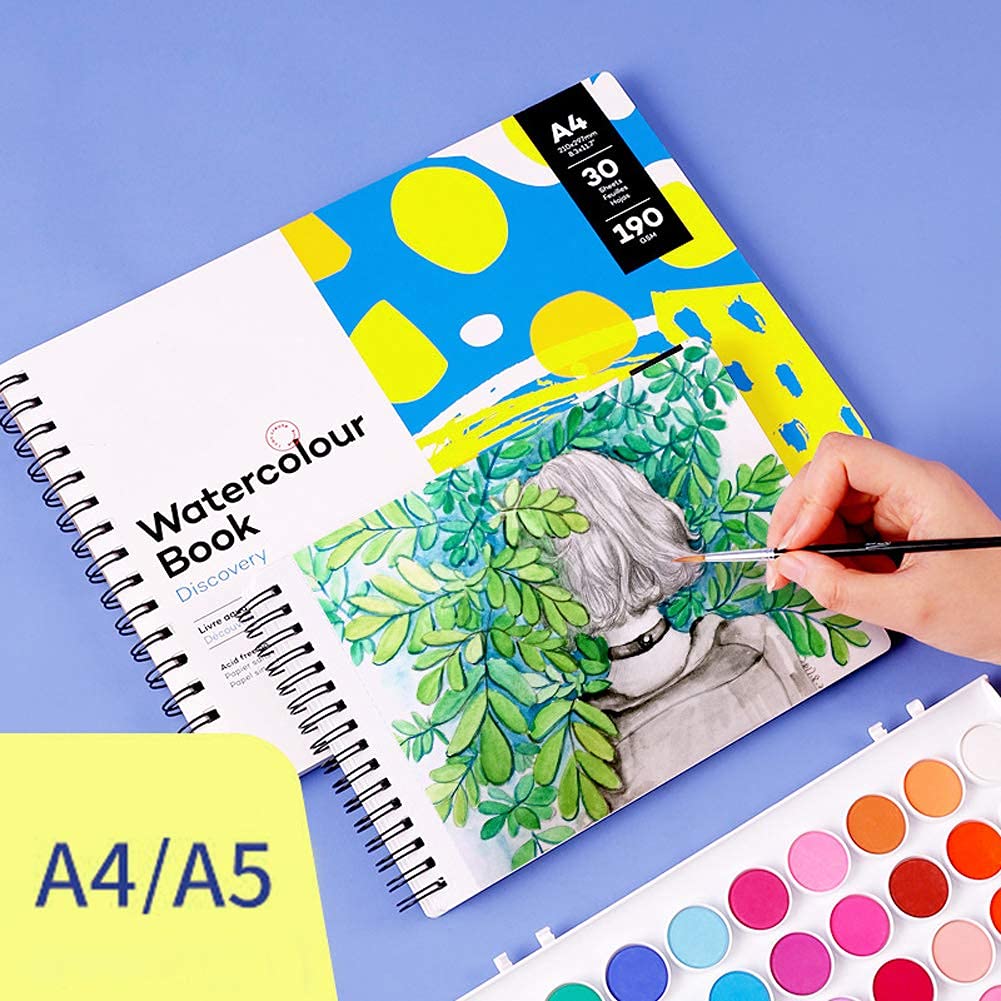 A4/A5 Watercolour Sketchbook 30 Sheets 190gsm Thick Paper Drawing Pad Removable Spiral Scrap Book for Adults Painting Drawing and Sketching Wet/Dry Mixed Media