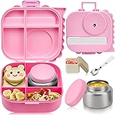 Pawtong Bento Lunch Box with Thermo, 4-Compartment Bento Box with Adjustable Dividers, Leakproof Dinosaur Lunch Box with 14.2OZ Insulated Food Jar & Sauce Jar, for School Office Travel(Pink)