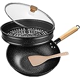 KYTD Non-Stick Wok with Steamer Basket,12 Inches Stir Fry Pans with Lid, Flat Bottom Pan Multifunctional Cookware Chinese Woks for Induction, Gas, Halogen