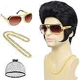 Wallden Hair 50s 60s Rock Wig with Glasses and Necklace for Mens Singer Costume Funny Black Wigs for Cosplay Halloween Disco Party (4pcs Set)