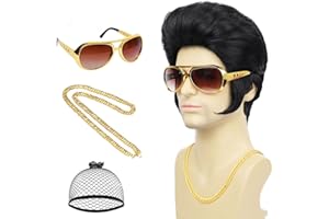 Wallden Hair 50s 60s Rock Wig with Glasses and Necklace for Mens Singer Costume Funny Black Wigs for Cosplay Halloween Disco Party (4pcs Set)