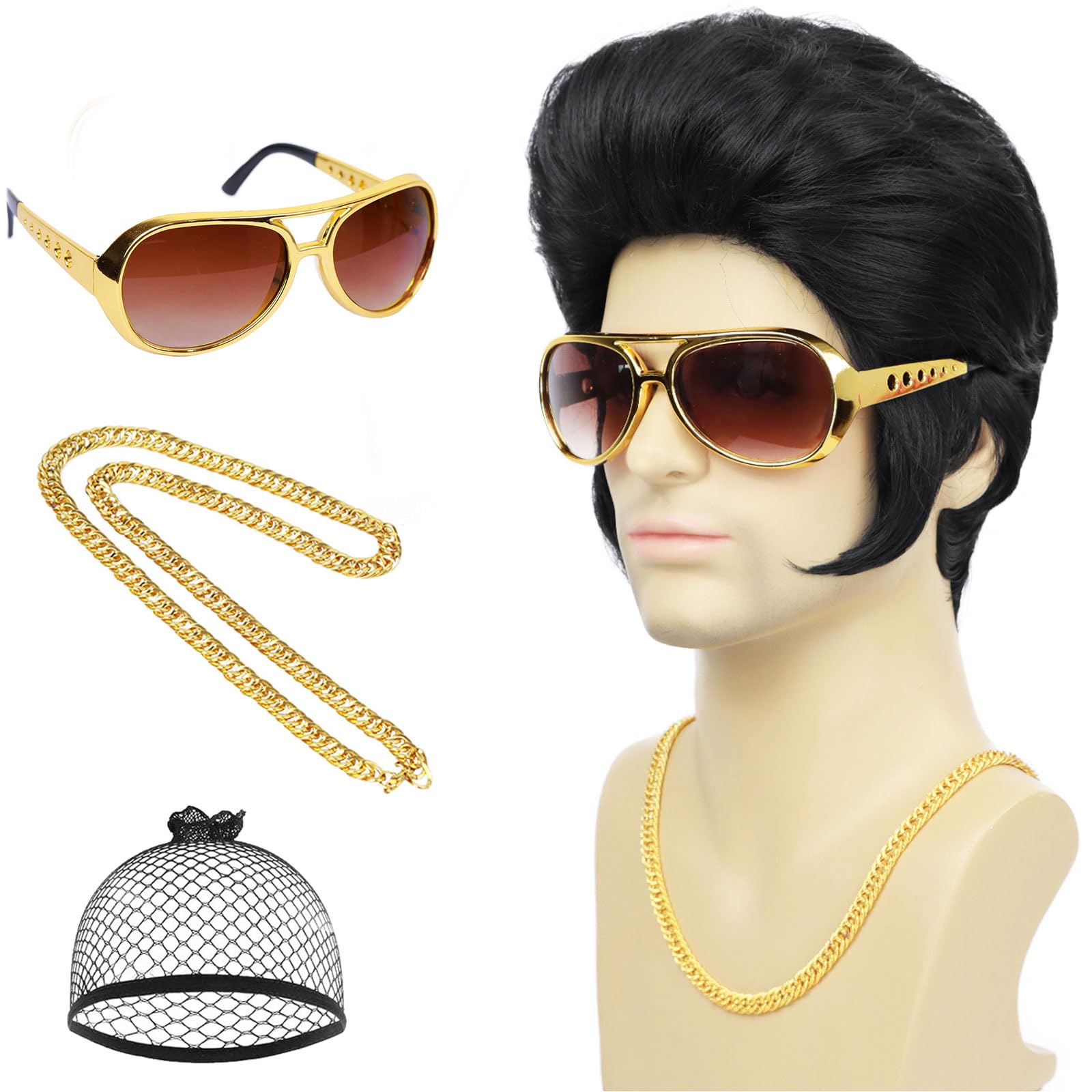Photo 1 of *Missing Parts*
Wallden Hair 50s 60s Rock Wig with Glasses and Necklace for Mens Singer Costume Funny Black Wigs for Cosplay Halloween Disco Party (4pcs Set)