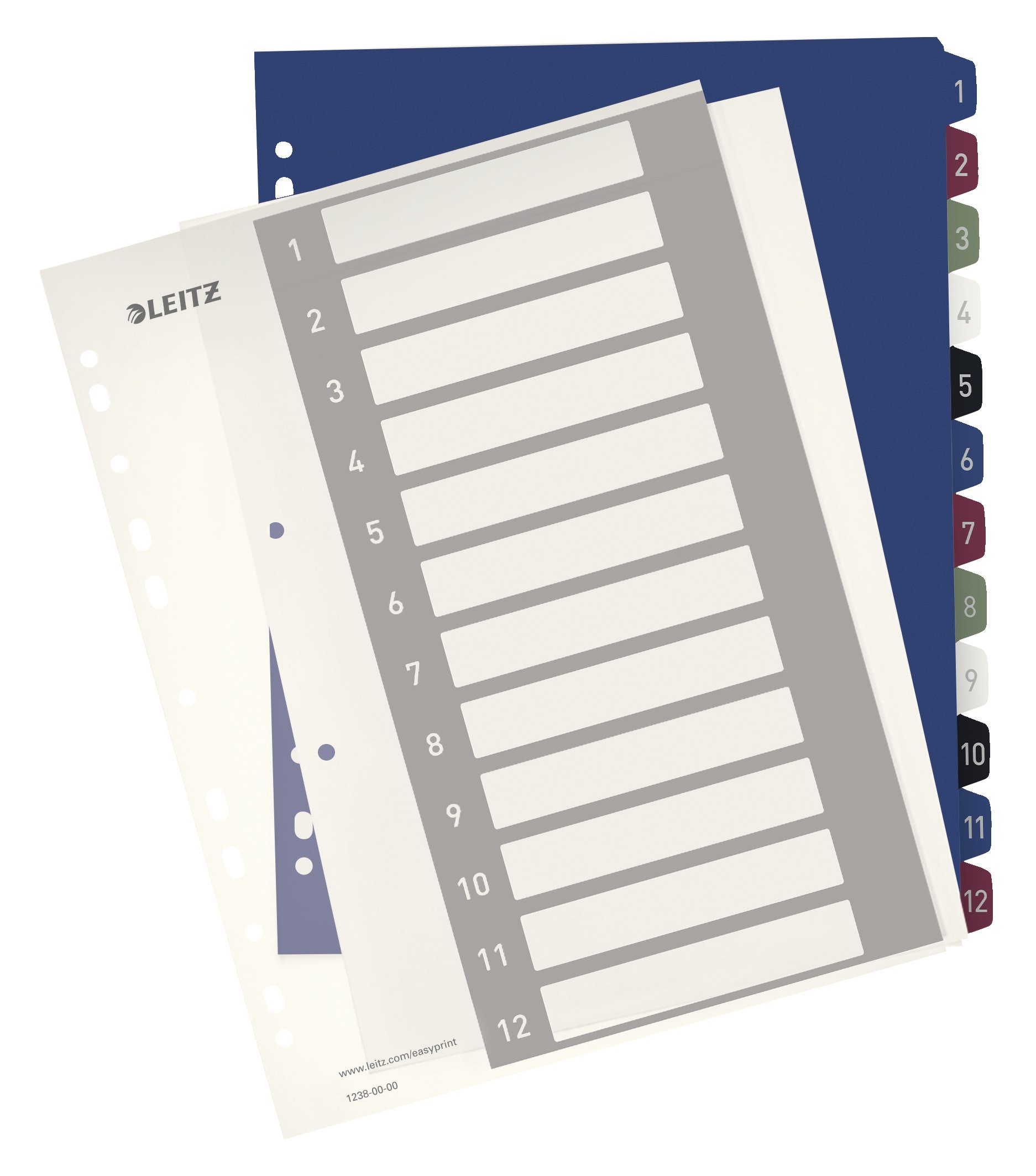 Leitz 1-12 Index, A4, PC Printable, Heavy Duty Plastic, Extra Wide, 12380000 - Multi-Colour