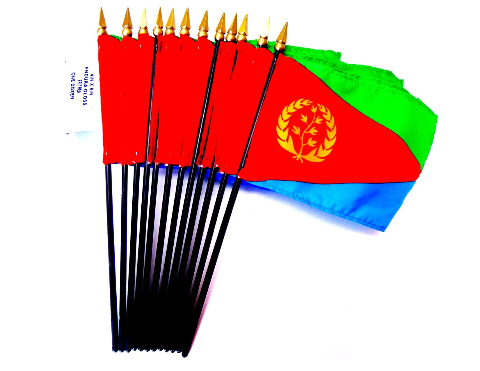 MADE IN USA!! Box of 12 Eritrea 4"x6" Miniature Desk & Table Flags; 12 American Made Small Mini Eritrean Flags in a Custom Made Cardboard Box Specifically Made for These Flags