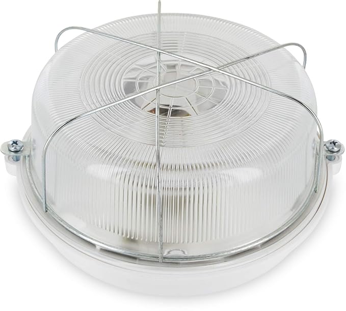 Kellerlampe Bulkhead E27 IP54 weiß rund - Glasabdeckung - Metallgitter - max. 100W - Made in EU