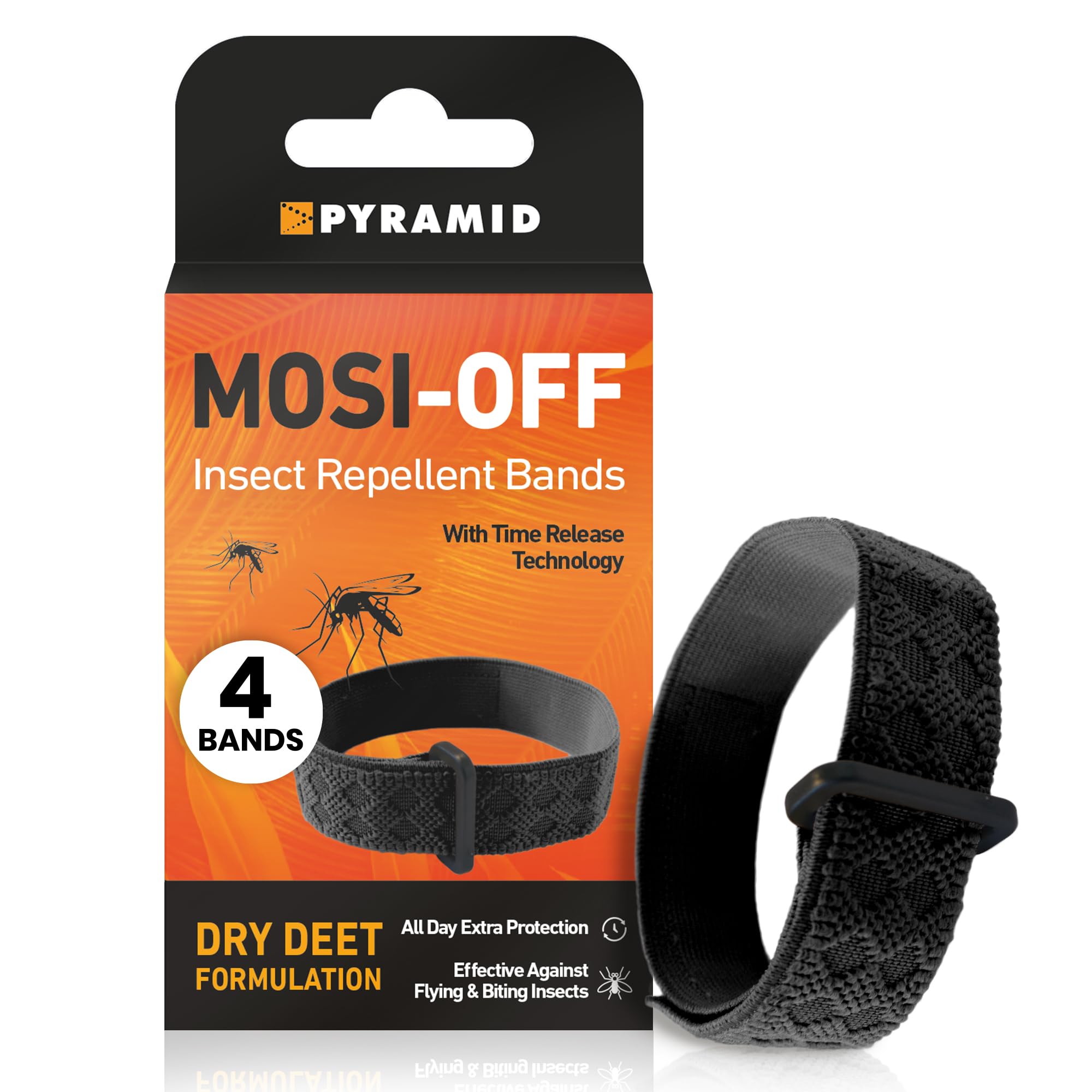 Pyramid Mosquito Repellent Bracelet with DEET, 4X Mosquito Bands, Up to 100 Hours of Protection Against Flying & Biting Insects - Easy to Wear and Adjust