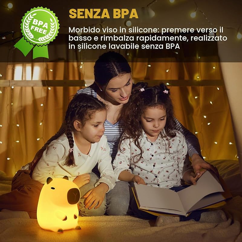 Capybara Luce Notturna per Bambini, Capybara Lampada Touch Control per Comodino, Ricarica USB e Timer, Dimmerabile Luce Notturna in Silicone, Luce Notturna Neonato Cameretta Bambina Regalo — foto 6 di 8