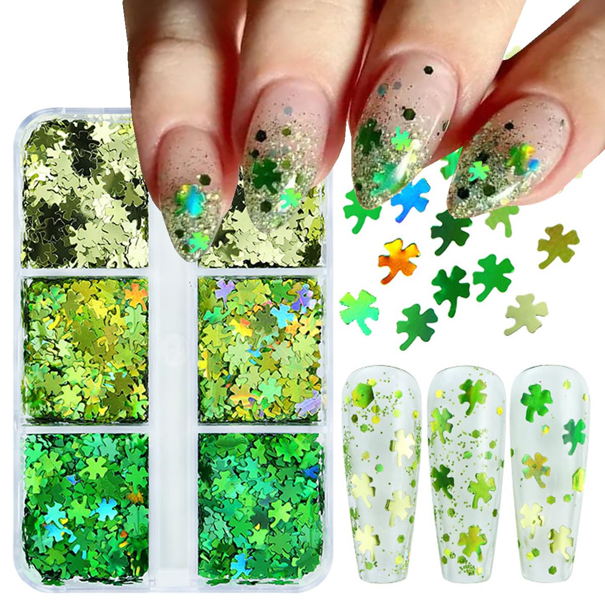 Photo 1 of 6Grids St. Patrick's Day Nail Art Glitter Sequins Kit - 3D Clover Nail Sequins Nail Stickers Decal Green Shamrock Irish Luck Shaped Design Holographic Flakes DIY St. Patrick's Day Manicure Accessories